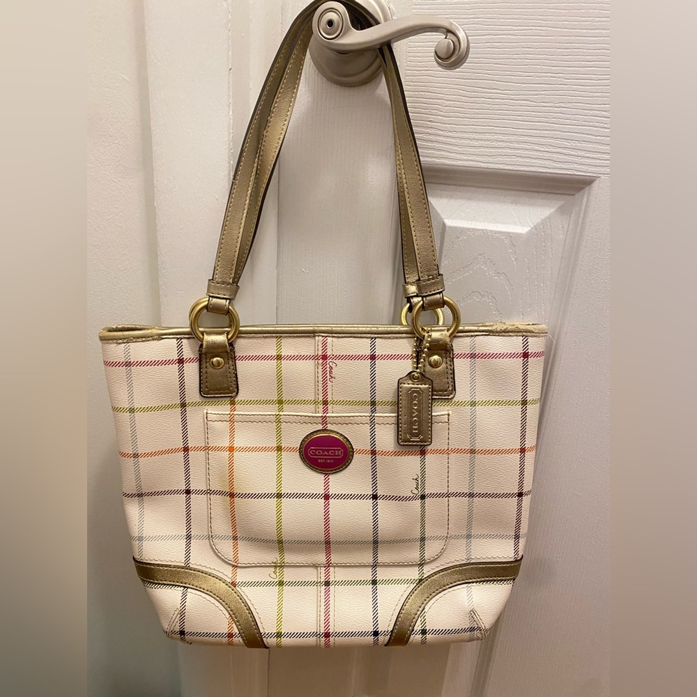 Coach Tattersall gold trim plaid patterned leather bag
